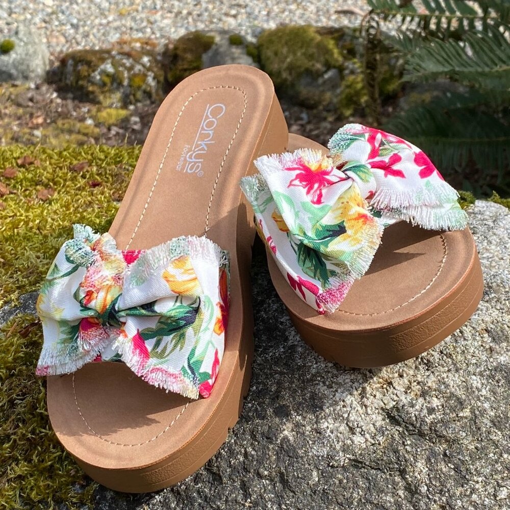 Corkys Spray Tan Sandals in White Floral Canvas